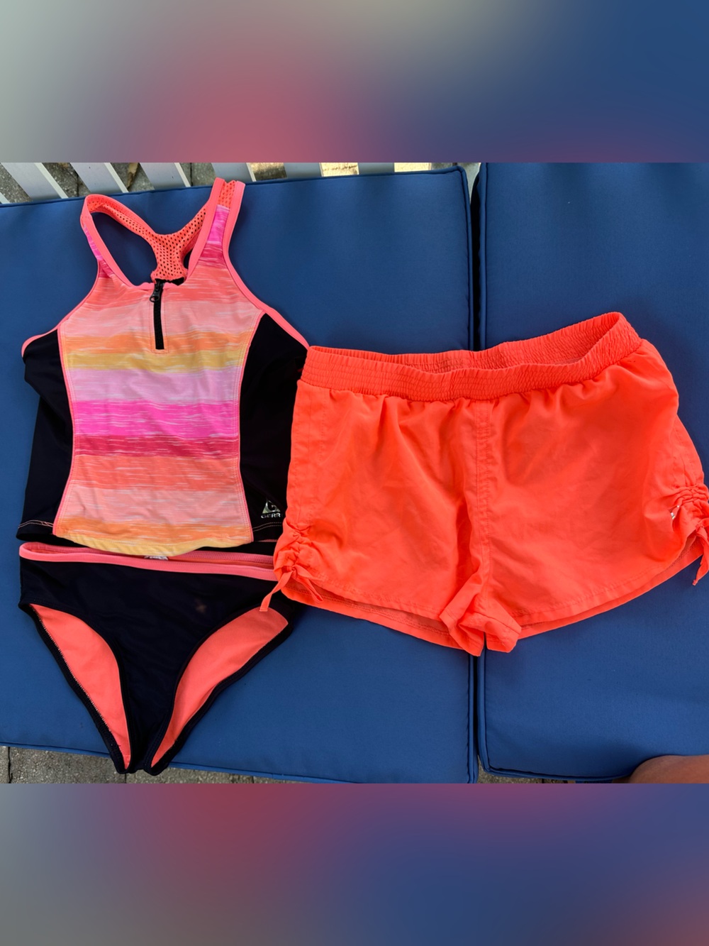 Gerry Girls' Multi-Stripe One-Piece Swimsuit with Coral Swim Shorts Size 10-12